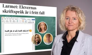 Kvinna ler. I bakgrunden syns en datorskärm med text om elevers skriftspråk och bilder på tre kvinnor. Meningsbyggnad svenska är i fokus.