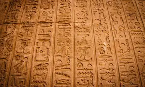 Detaljerade hieroglyfer på en stenmur. Varje symbol är mångfacetterad, berättar en historia från forntiden.