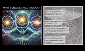 Bilden visar en mänsklig gestalt med ljus som strålar ut från huvudet, omgiven av kosmiska mönster. Till höger en illustration av en struktur med text som förklarar vad betyder teori om medvetande.