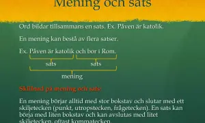Presentation slide with text about "Mening och sats" (Sentence and Clause) in Swedish.