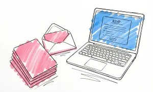 En laptop visar ett formulär för att svara på en inbjudan, bredvid en hög med papper och ett öppet kuvert. Lär dig hur man skriver osa digitalt.
