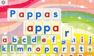 Barn leker och försöker **bilda ord** med bokstavsplattor. "Pappas" och "appar" är synliga.
