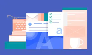 En illustration med en gammal skrivmaskin, böcker, kuvert, en checklista och en kaffekopp. Ett faktatext exempel som visar olika former av information.