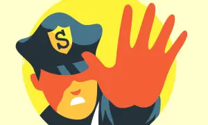 En polis med en sköld med ett S på hatten stoppar dig med en hand. Vänta till dess eller tills dess.