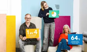 En man, en ung kvinna och en äldre kvinna håller upp skyltar med statistik. Vår undersökning visar siffror om tilltal.