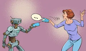 En kvinna och en robot kommunicerar via sina telefoner. De diskuterar vad a och o betyder, kanske om framtiden för AI.