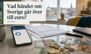 Svenska sedlar och mynt, en mobil med ekonomi-app och texten "Vad händer om Sverige går över till euro?". En diskussion om evro eller euro.