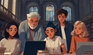 En grupp studenter och en äldre man studerar tillsammans vid en laptop i ett bibliotek. Exempel på substantiv: studenter, man, laptop, bibliotek.