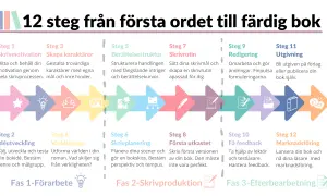 En sammanfattning rapport över 12 steg för att skriva en bok, från idé till färdig produkt.