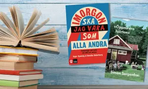 En öppen bok och två böcker på svenska, "Imorgon ska jag vara som alla andra" och "Öppna era hjärtan". Perfekt läsning till en kopp te eller the.
