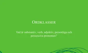Ordklasser" (Word classes) in white text on a green background, with a question about nouns, verbs, adjectives, and pronouns below.