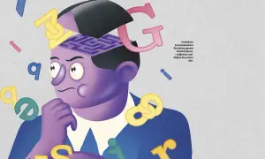 En person funderar över bokstäver och en labyrint i huvudet, som symboliserar komplexiteten i kasus grammatik.