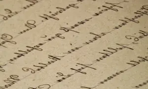 Detaljerad vy av handskriven text på gammalt papper. Texten är skriven med bläck och bildar rader som följer linjer. Det är svårt att tyda exakt vad som står, men det ger en känsla av ett gammalt referat.