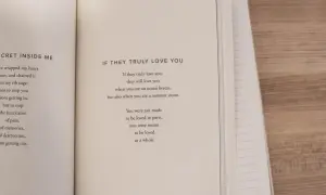 En öppen bok med dikter. På vänster sida står "SECRET INSIDE ME" och på höger sida "IF THEY TRULY LOVE YOU". Vad rimmar på bra? Kärlek som en sommarstorm.