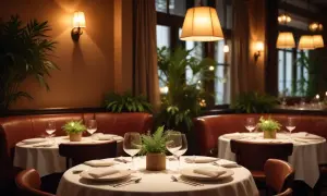 Mysig restaurang med dukade bord, bruna bås och gröna växter. Perfekt för en romantisk middag.
