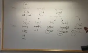En whiteboard visar verbets tempus för "sitta". Olika former som infinitiv, imperfekt och futurum listas.