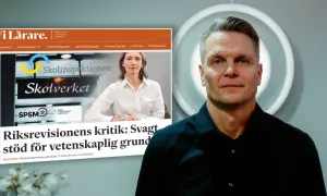En man i svart skjorta. Till vänster en tidningsartikel från "Vi Lärare" om Riksrevisionens kritik mot Skolverket. Artikeln dissar på svenska.