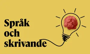 Texten "Språk och skrivande" framför en glödlampa med en röd pappersboll som idé. En kort tankstreck förbinder texten med glödlampan.
