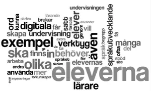 Ord som "eleverna" och "lärare" står i kontrast, som antonym svenska, i en ordmoln om undervisning och språkutveckling.