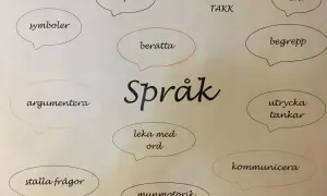 En tankekarta om språk med ord som "talspråk", "symboler", "berätta", "argumentera", "leka med ord", "kommunicera" och "skriva labbrapport" som en del av att uttrycka tankar.