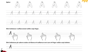 Övningsblad för att skriva bokstaven A. Följ prickarna och skriv bokstaven A i mellanrummet mellan varje finger.