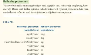 Tabellen visar reflexiva pronomen i svenskan. Exempel: Han skyndar sig.