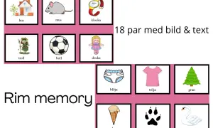 Bildkort för ett rimmemoryspel. Här finns hus, mus, klocka, troll, boll, docka, blöja, tröja, gran, glass, tass och svan. Ett roligt sätt att öva rim varje dag.