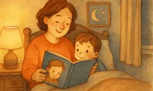 Mamma läser en bok för sitt barn i sängen. Bilden visar hur många ord kan en vuxen lära ett barn.
