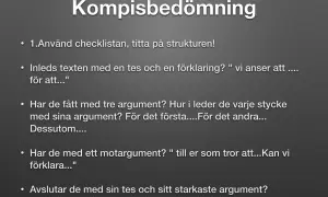 Kompisbedömning: hur avslutar man en argumenterande text? Titta på checklistan, strukturen, tesen och argumenten.