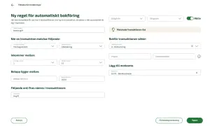 Skapa en regel för automatisk bokföring av bankavgifter. Ange datumintervall och belopp för att skriva datum korrekt.