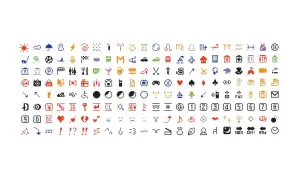 En stor samling pixelgrafik som visar olika sms-tecken och deras betydelse. Här finns symboler för väder, mat, djur, stjärntecken och mycket mer.