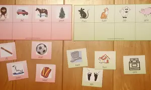 Lär dig svenska rim med bilder på troll, bil, häst, gran, mus, katt, får, gris, fil, boll, svan, väst, hatt, tår, hus och spis.