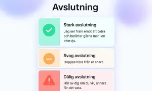 Bilden visar hur man avslutar ett referat med tre alternativ: stark, svag och dålig avslutning. En stark avslutning är positiv och visar intresse.