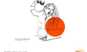 En kvinna slår argt på sin laptop. Texten "Slå på datorn" och "vanliga adverb" finns i bilden.
