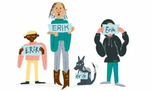 En grupp med flera personer och en hund, alla håller upp skyltar med namnet "Erik". En rolig samling av Erik-schema plural.