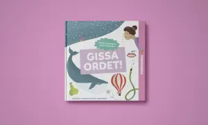 Barnbok "Gissa ordet!" med illustrationer av en val, luftballong och en person som nyser. Perfekt för att lära sig nya ord, ett riktigt galej betyder!