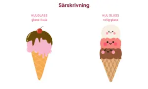 Två glassar i strut. En rosa kulglass med chokladsås och körsbär. En annan glass med tre färgglada kulor och ansikten.
