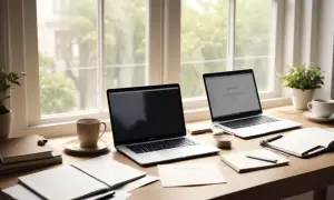 Två laptops, en kaffekopp och anteckningsblock på ett skrivbord. Känns det igen? Detsamma eller det samma, en perfekt arbetsplats för studier eller jobb.