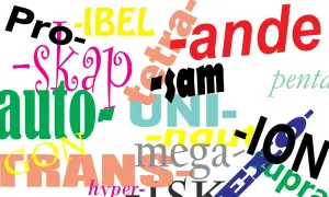 Färgglada bokstäver och ord som "auto", "skapare", "mega" och "jon" bildar en visuell lek, där varje del av ord är en egen konstnärlig enhet.