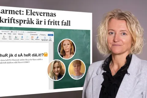 Kvinna ler. I bakgrunden syns en datorskärm med text om elevers skriftspråk och bilder på tre kvinnor. Meningsbyggnad svenska är i fokus.