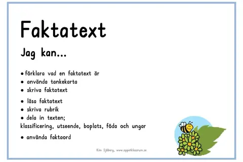 En mall för att skriva faktatext. Lär dig förklara, använda tankekartor och skriva rubriker. En glad bi på blommor.