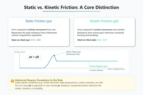 Skillnad mellan statisk och kinetisk friktion. Vad betyder definitionen av friktion? Bilden visar grafer och förklaringar.