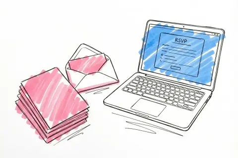 En laptop visar ett formulär för att svara på en inbjudan, bredvid en hög med papper och ett öppet kuvert. Lär dig hur man skriver osa digitalt.