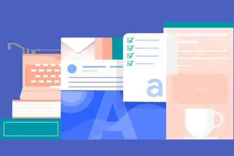 En illustration med en gammal skrivmaskin, böcker, kuvert, en checklista och en kaffekopp. Ett faktatext exempel som visar olika former av information.