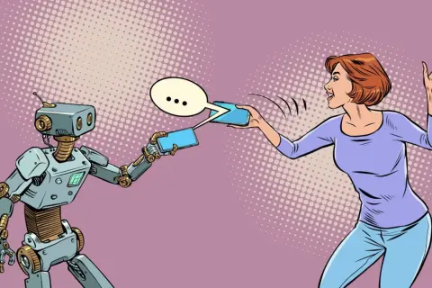 En kvinna och en robot kommunicerar via sina telefoner. De diskuterar vad a och o betyder, kanske om framtiden för AI.