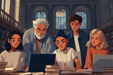 En grupp studenter och en äldre man studerar tillsammans vid en laptop i ett bibliotek. Exempel på substantiv: studenter, man, laptop, bibliotek.