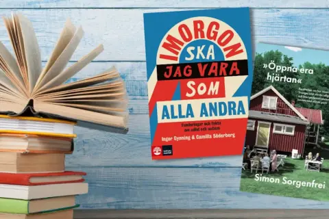 En öppen bok och två böcker på svenska, "Imorgon ska jag vara som alla andra" och "Öppna era hjärtan". Perfekt läsning till en kopp te eller the.