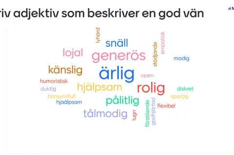 Ord som beskriver en god vän: lojal, generös, ärlig, hjälpsam, rolig, snäll, empatisk, pålitlig, modig, tålmodig, humoristisk, diskret, stödjande, flexibel, godhjärtad.