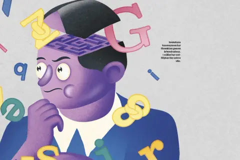 En person funderar över bokstäver och en labyrint i huvudet, som symboliserar komplexiteten i kasus grammatik.