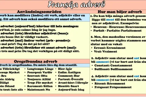 Franska adverb: hur man böjer dem. Jämför adjektiv med adverb. Exempel på hur man komparerar adjektiv och bildar adverb.